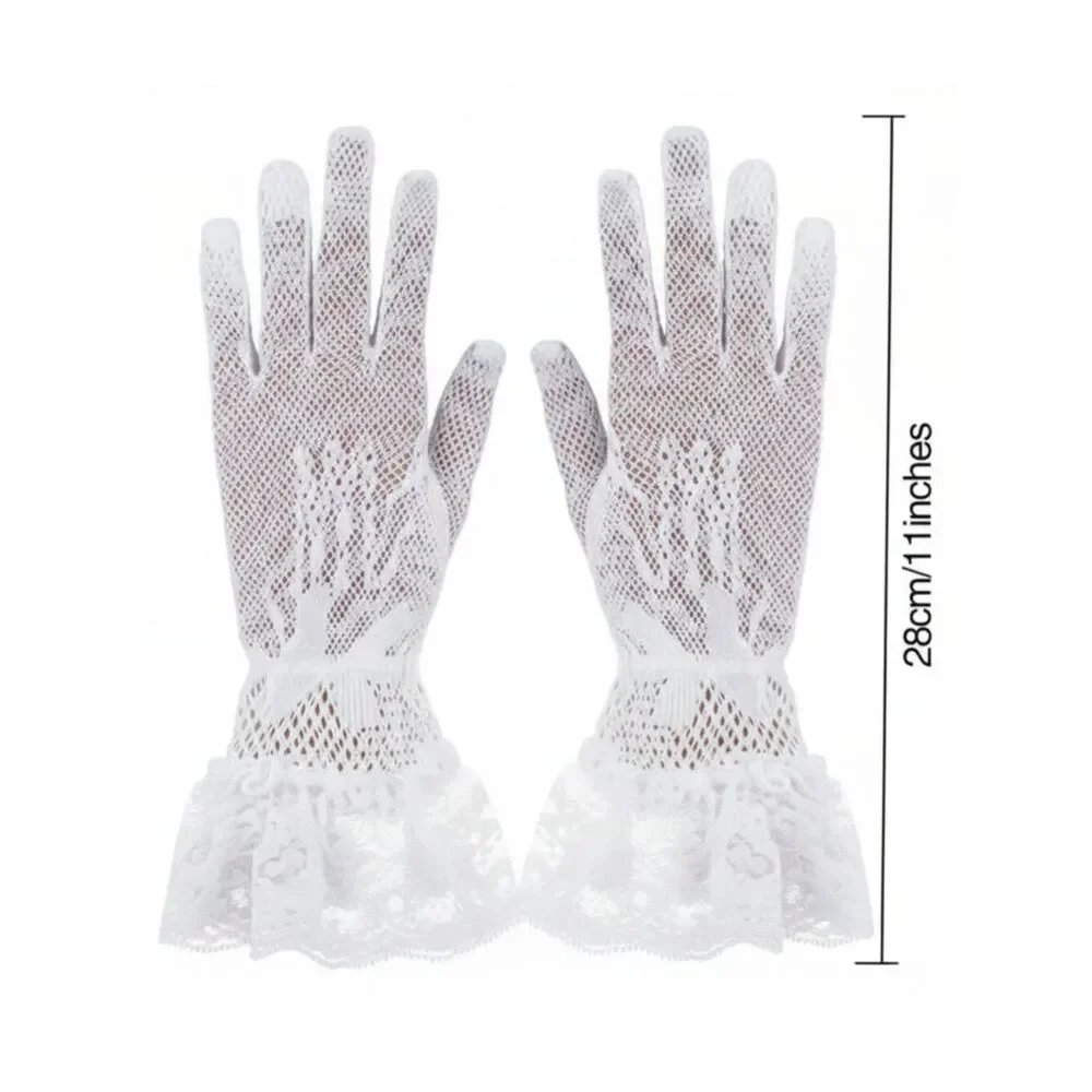 White Fishnet Lace Gloves Trim Satin Bow Wedding Gothic Carnival Role-Playing